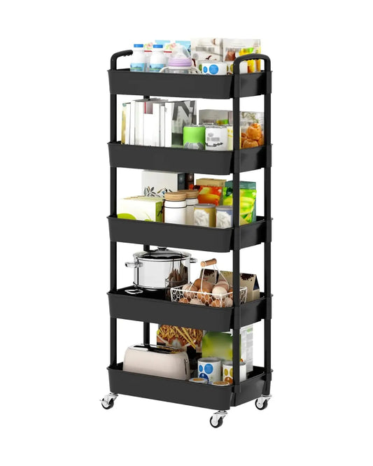 Side view of the multi-functional storage trolley, highlighting its smooth-rolling wheels.