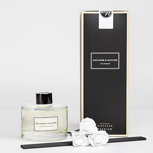 6.7 oz (200ml) French perfume reed diffuser set, placed on a vanity table.
