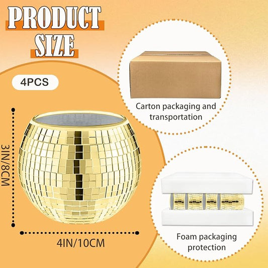 Close-up of a single gold disco ball vase, highlighting its reflective mirror facets.