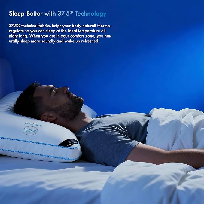 The 37.5® temperature regulating pillow in a bright, clean bedroom setting, ready for use.