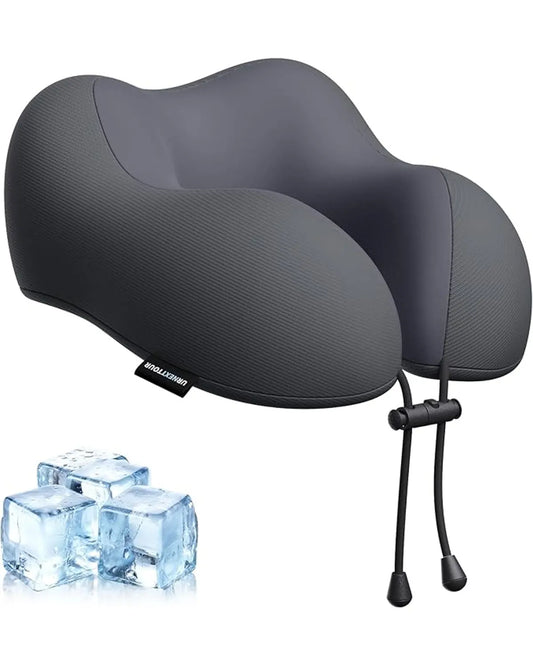 Full view of the black travel pillow, showcasing its contoured ergonomic design.