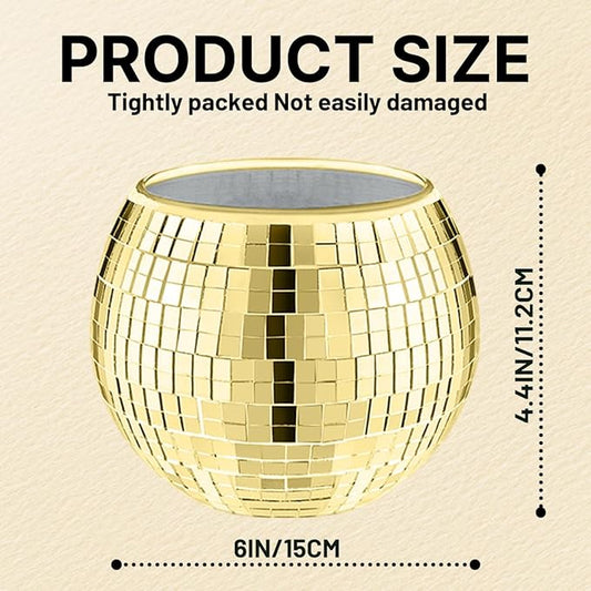 Close-up of the shimmering gold mirrored tiles covering the disco ball vase.