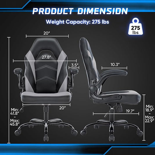 Side profile of the grey gaming chair, showcasing its ergonomic design and high backrest.