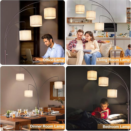 Close-up of the brown tree-style frame and three beige fabric shades of the floor lamp.