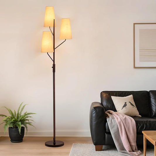Full view of the industrial rustic tree floor lamp, showcasing its unique multi-shade design.