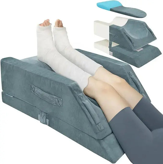 The leg pillow shown with its four height-adjustable layers, demonstrating versatility.