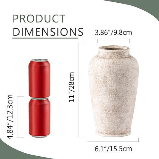 Close-up of the textured finish of the 11-inch tall white rustic pottery vase.