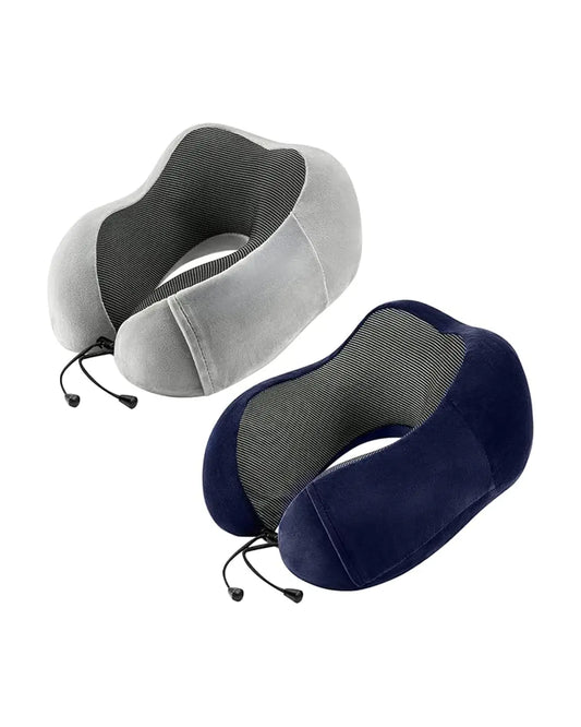 Full view of the grey memory foam travel neck pillow, highlighting its ergonomic design and soft cover texture.