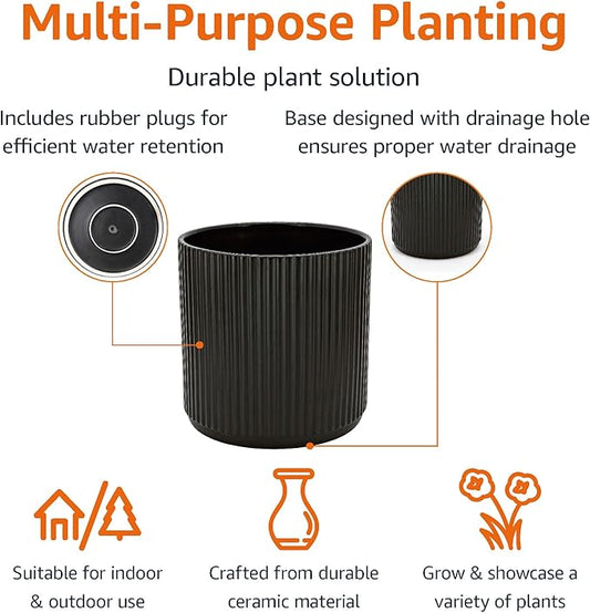 Close-up on the elegant fluted texture and matte finish of the black ceramic planter.