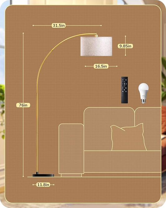 Full view of the 78.3-inch tall gold arc floor lamp, showcasing its elegant curve and metal finish.