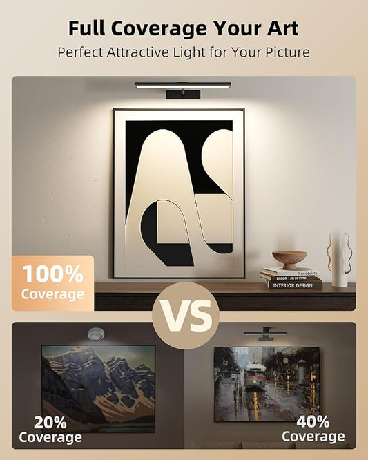 Close-up of the black picture light, highlighting its sleek design and LED strip.