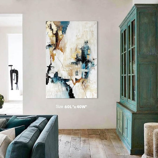 Close-up of the abstract artwork, revealing the brushstrokes and color blending of yellow and beige.