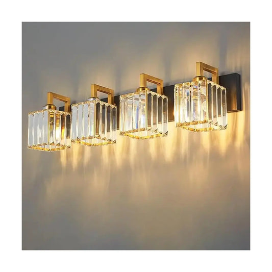 Close-up on the elegant black gold finish and shimmering crystal accents of the wall lamp.