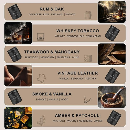 All six candles from the set arranged neatly, showcasing their individual fragrances.