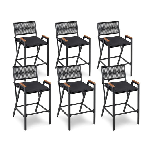 Front view of a single counter height bar stool, showcasing the rattan woven metal frame.