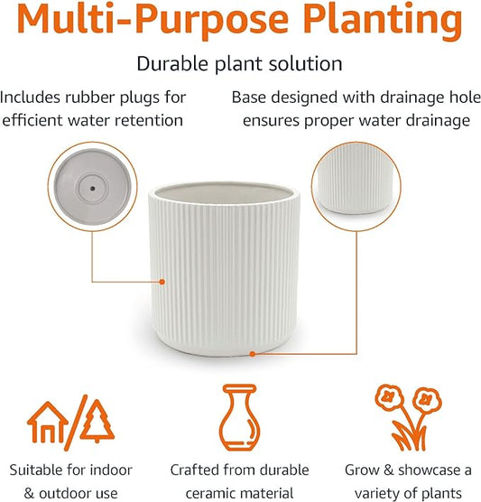 Close-up on the elegant fluted texture and smooth finish of the white ceramic planter.