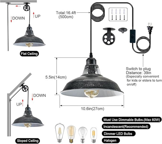 Close-up of the silver black metal shade and the intricate pulley system.