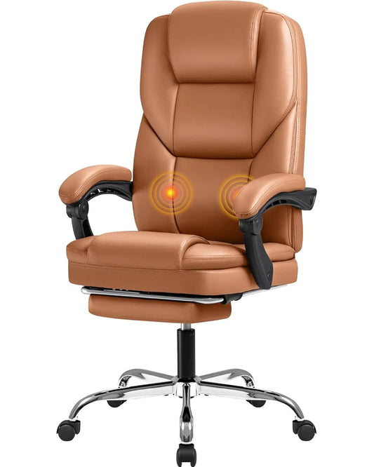 Close-up of the adjustable footrest extended from beneath the brown office chair seat.