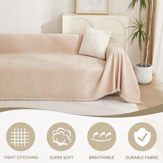 Close-up of the soft, textured khaki chenille fabric with visible tassel edge detailing.