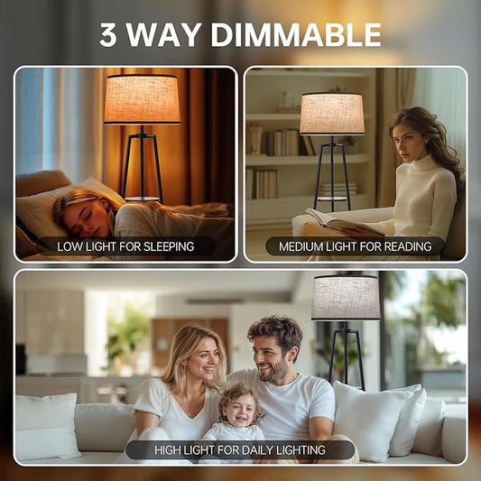 Close-up of the fabric shade and one of the vintage yellow shelves, highlighting its unique color.