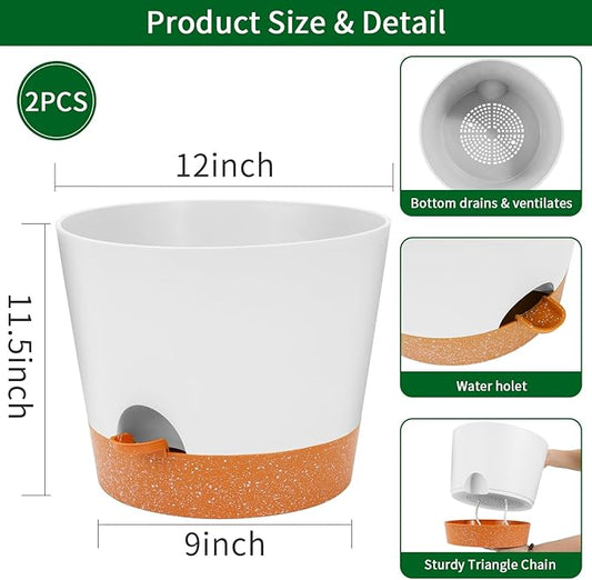 Close-up of a single white self-watering pot, highlighting its deep reservoir and drainage holes.