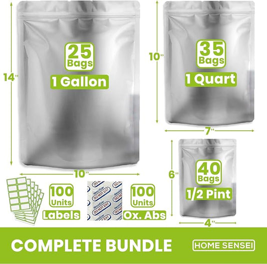 Various sizes of mylar bags (gallon, quart, pint) shown with included 400cc oxygen absorbers.