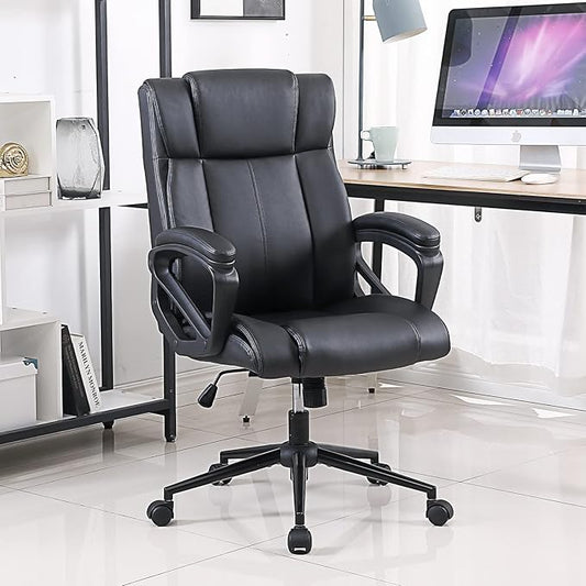 Side view of one black leather mid-back office chair, highlighting its ergonomic design and thick armrests.