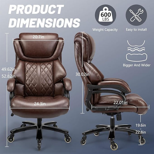 Frontal view of the brown executive chair, highlighting its adjustable lumbar support.