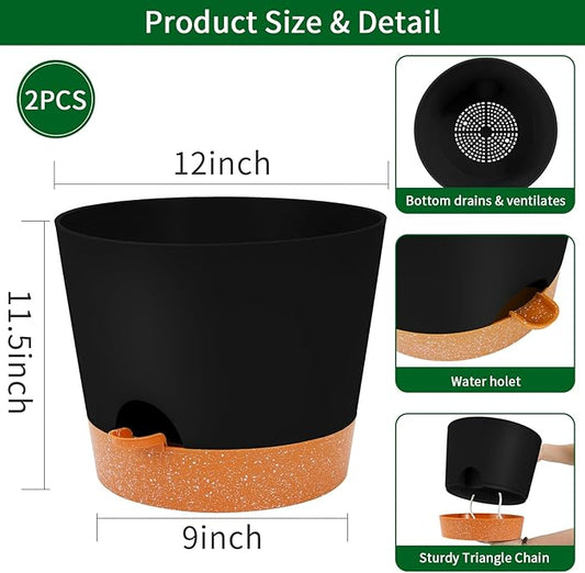 Close-up of a single black self-watering pot, highlighting its deep reservoir and drainage holes.