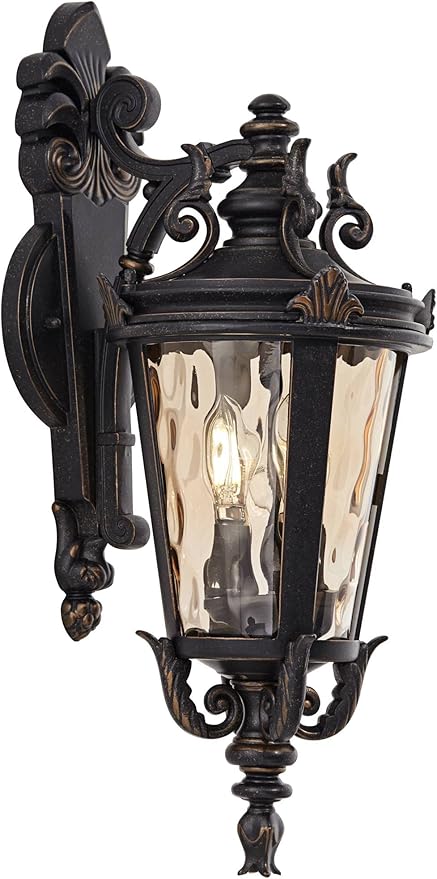 Full front view of the 21 3/4-inch outdoor light, showcasing its elegant bronze scrollwork.