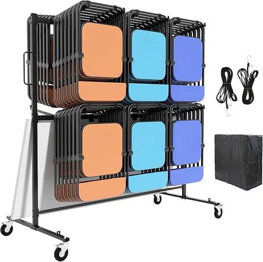 The folding chair cart loaded with approximately 84 chairs, demonstrating its large capacity.