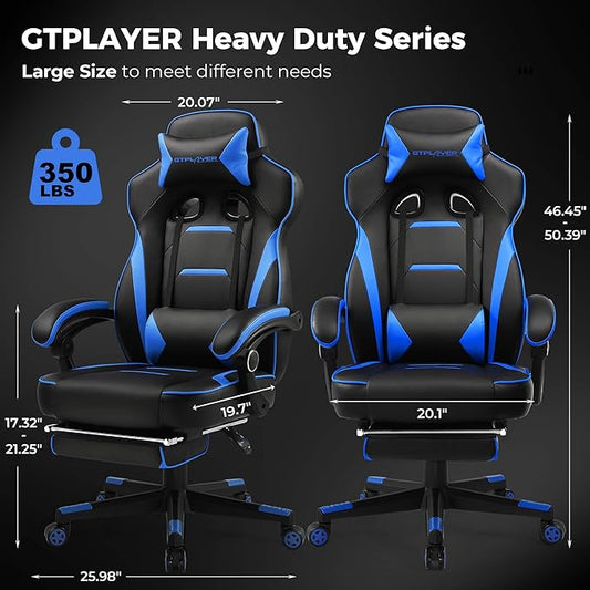 Side profile of the ergonomic blue gaming chair, showcasing its high back and lumbar support cushion.
