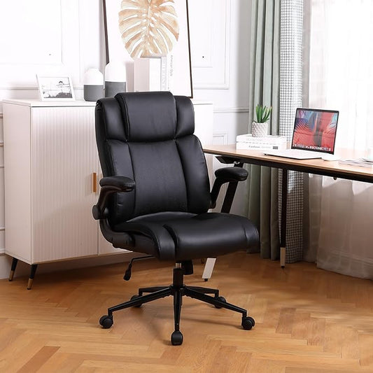 Side profile of the ergonomic leather office chair, highlighting the lumbar support and mid-back design.