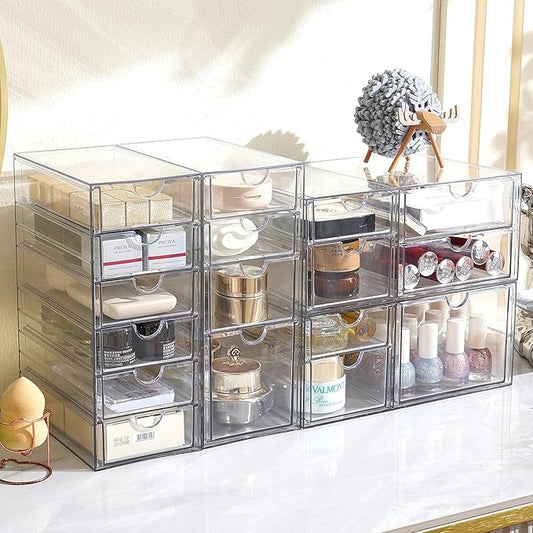 Close-up of one organizer, showing the multiple small drawers filled with craft supplies.