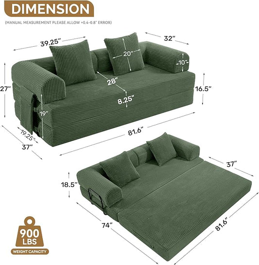 The sofa bed fully extended into a flat mattress couch, complete with a cylindrical pillow for comfort.
