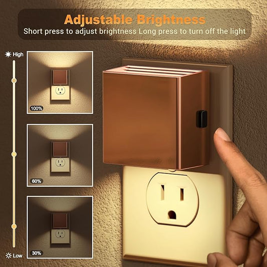 Night light plugged into a wall outlet, emitting a soft white 3000K glow in a child's room.