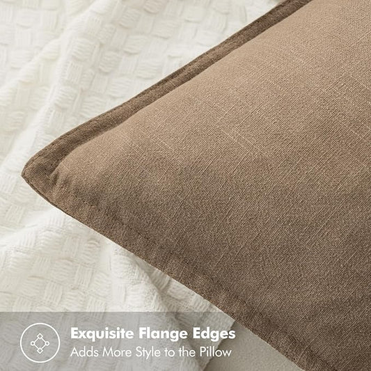 Close-up view of a single khaki linen throw pillow cover, highlighting the fabric weave and neutral khaki color.