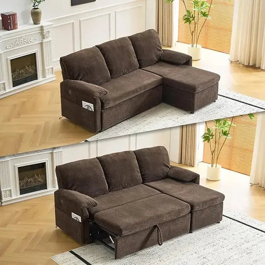 The dark brown L-shape sofa bed extended, showing the pullout sleeper couch and chaise.