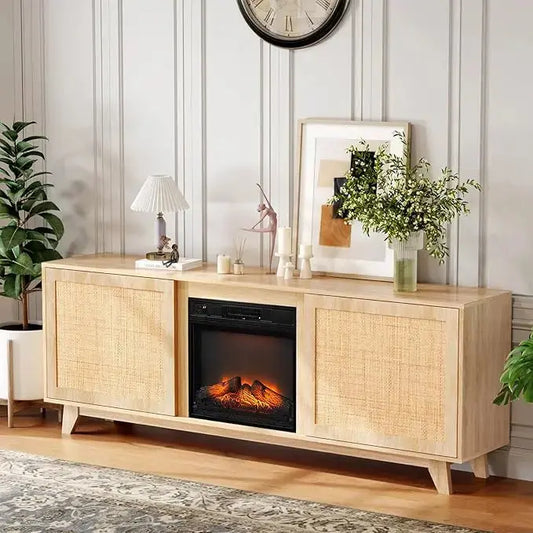 Front view of the entertainment center, featuring an electric fireplace and natural rattan cabinet doors.