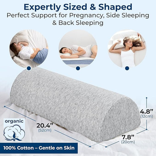 The knee pillow providing under-leg support for a person resting on their back.