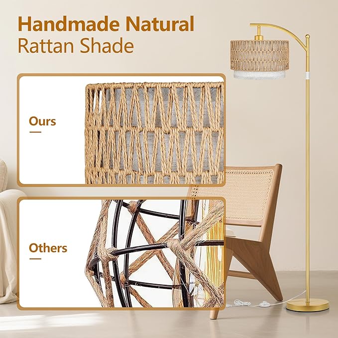 Overhead shot emphasizing the curved arm and the unique rattan and fabric lampshade texture.