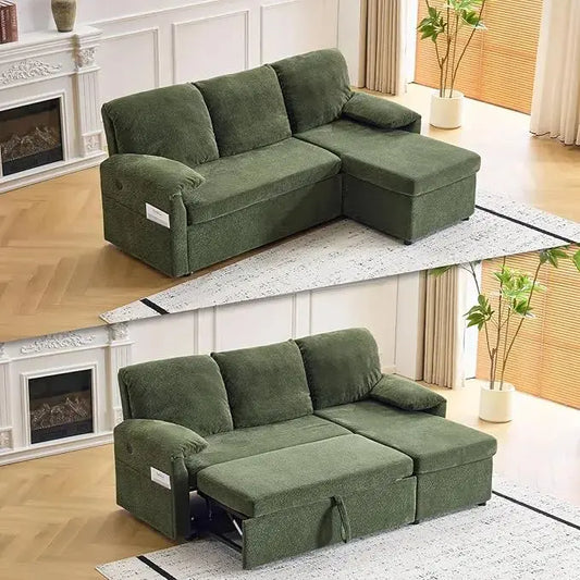 The green L-shape sofa bed extended, showing the pullout sleeper couch and chaise.