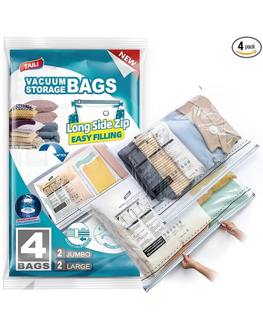 Close-up of the long side zip and valve on a large vacuum storage bag, showing the seal.