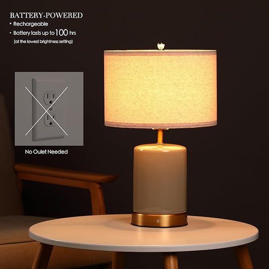Full view of the rechargeable 19.5 inch height table lamp, showcasing its elegant ceramic base.