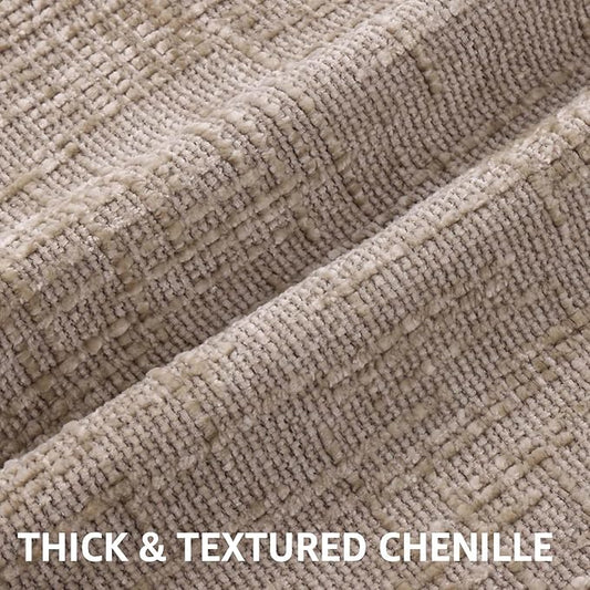 Close-up detail of the oatmeal chenille fabric, showing its unique thick, textured, and slubby weave.