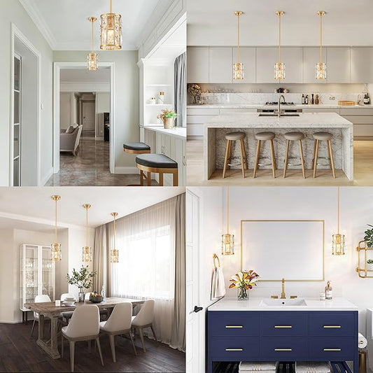 Close-up on the sparkling faceted crystal shade and the elegant gold metal detailing of the pendant light.