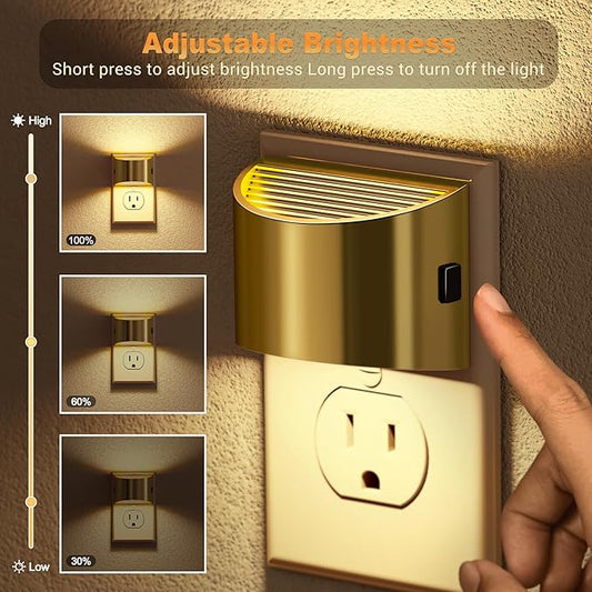 Gold LED night light plugged into a wall outlet, emitting a soft white 3000K glow.