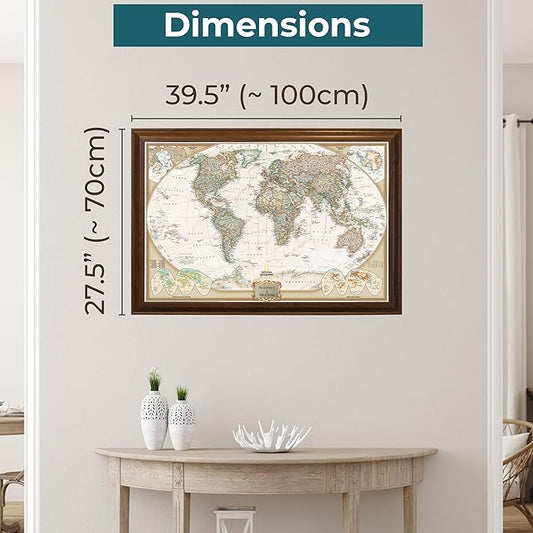 Close-up of the map's detailed countries and oceans, with several colorful pins inserted.