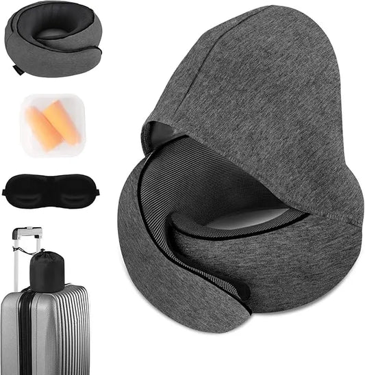 Full view of the hooded memory foam travel pillow, showcasing its integrated hood.
