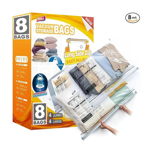 Close-up of the long side zip and valve on a jumbo vacuum storage bag, ready for sealing.